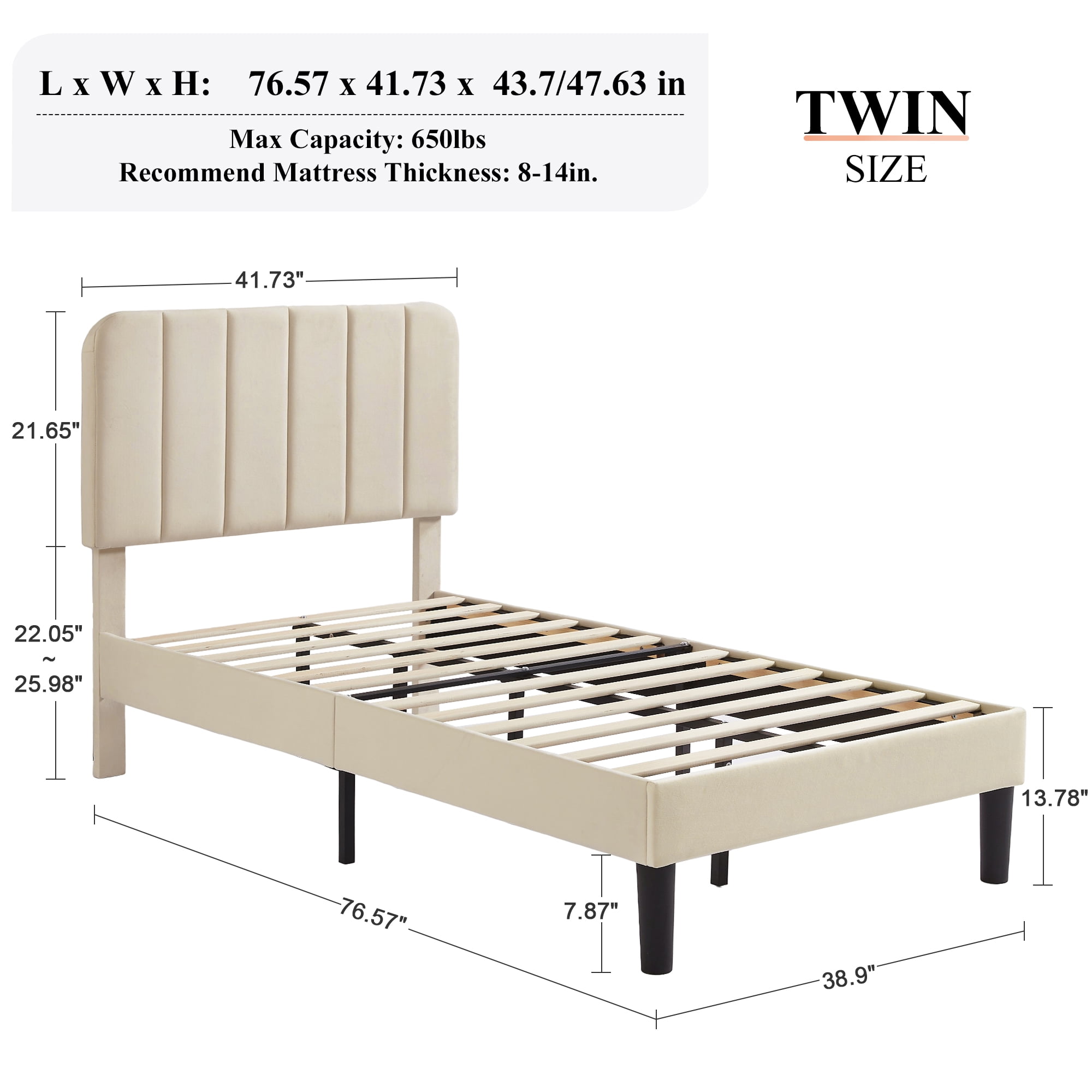 Taomika, Twin Size Upholstered Platform Bed Frame with Adjustable Headboard-Beige