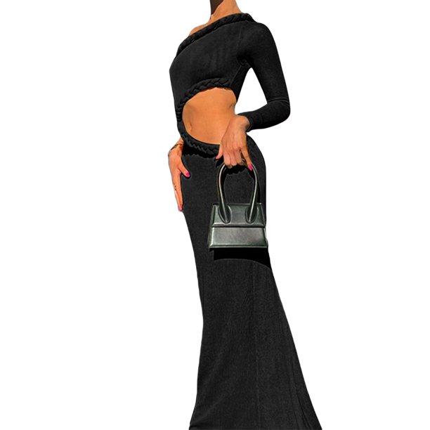 TRKIYQC Vestido Midi de un Hombro para Mujer, Vestido de Color Sólido con Recorte de Trenza de Manga Larga TRKIYQC moda
