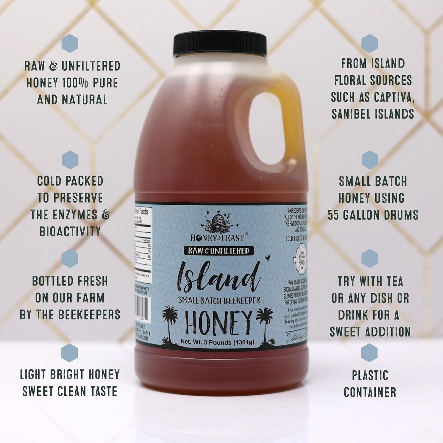 HONEY FEAST 3 Pounds Island Honey - Indulge in Raw & Unfiltered Small Batch Beekeeper's Delight