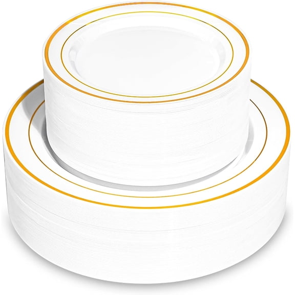100PCS Gold Plastic Plates, Disposable Party Plates with Gold Rim, Include 50 Dinner Plate and 50 Elegant Dessert Plate for Party and Wedding