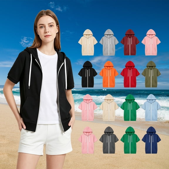 QATAINLAV Short Sleeves Zip Up Hoodie for Women Fall Hooded Thin Jackets Y2K Casual Lightweight Sweatshirt with Pockets White XL