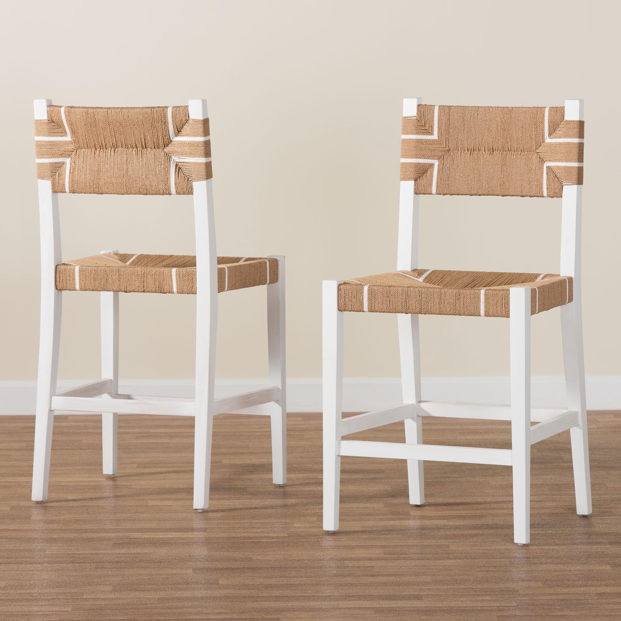 bali & pari Talli Bohemian Paper Loom and White Mahogany Wood 2-Piece Counter Stool Set