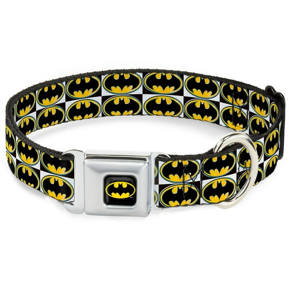 DC Comics Pet Collar, Dog Collar Metal Seatbelt Buckle, Batman Shield Checkers, 13 to 17 Inches 1.5 Inch Wide