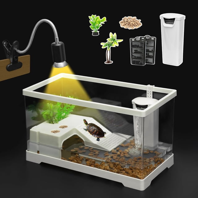 Kit d'Aquarium pour Tortue en PC, Petit Aquarium de Départ, Curseur Aquatique à Oreilles Rouges, pour Bébé Tortue, Poissons et Amphibiens, Comprend Filtre*1, Plaques de Filtre*2, Plantes*2, Lampe*1, Ampoule*1, Pierre*1, Plateforme de Bain*1