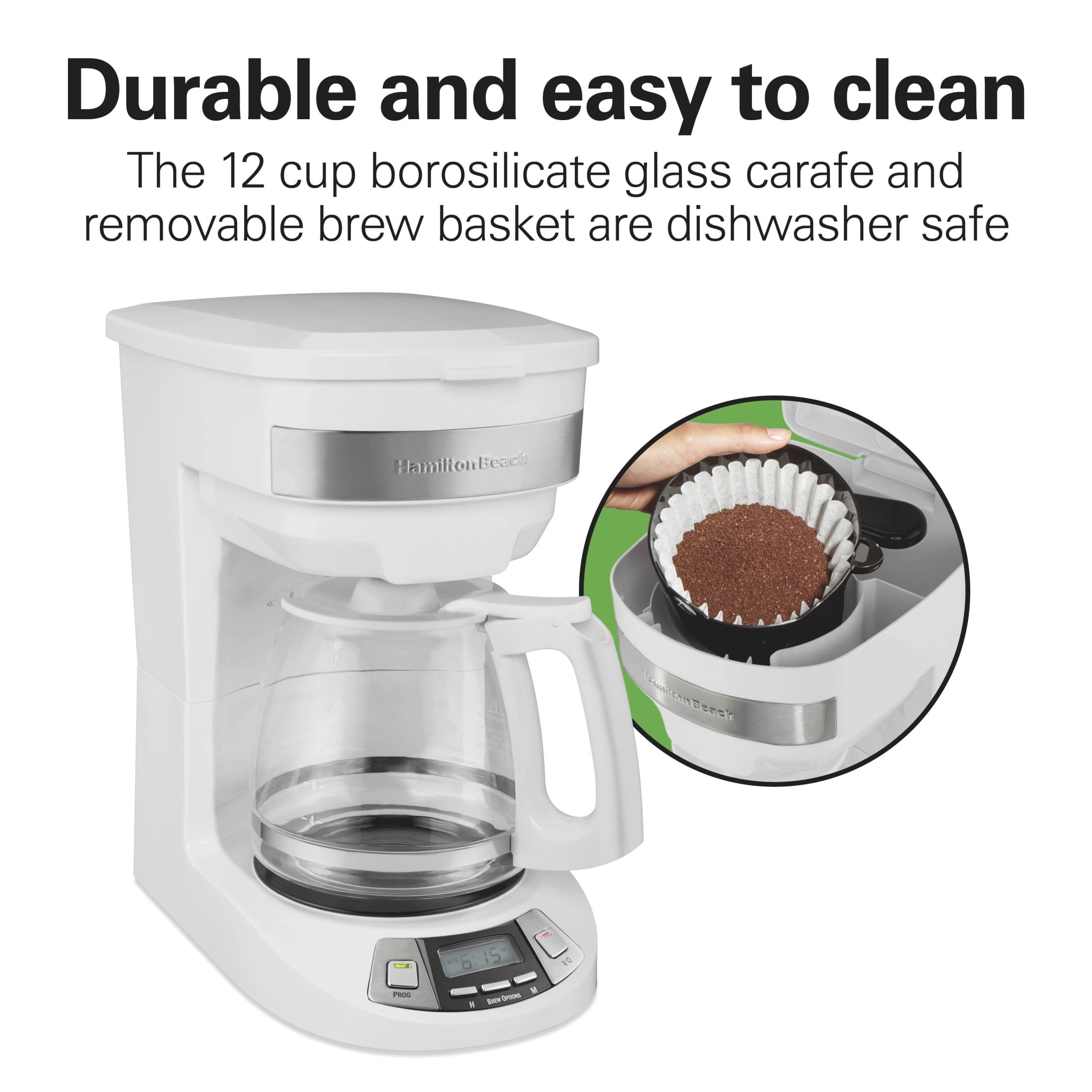 Hamilton Beach 12-Cup Programmable Drip Coffee Maker Machine with Glass Coffee Pot, Cafetera, White