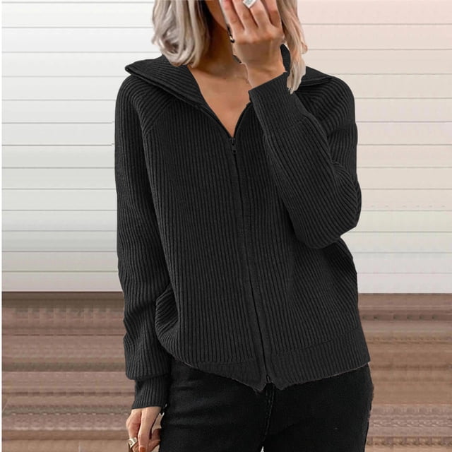 Chaqueta informal a rayas de otoño e invierno de estilo europeo y americano, cárdigan holgado de punto con cremallera y manga larga, suéter con solapa para mujer