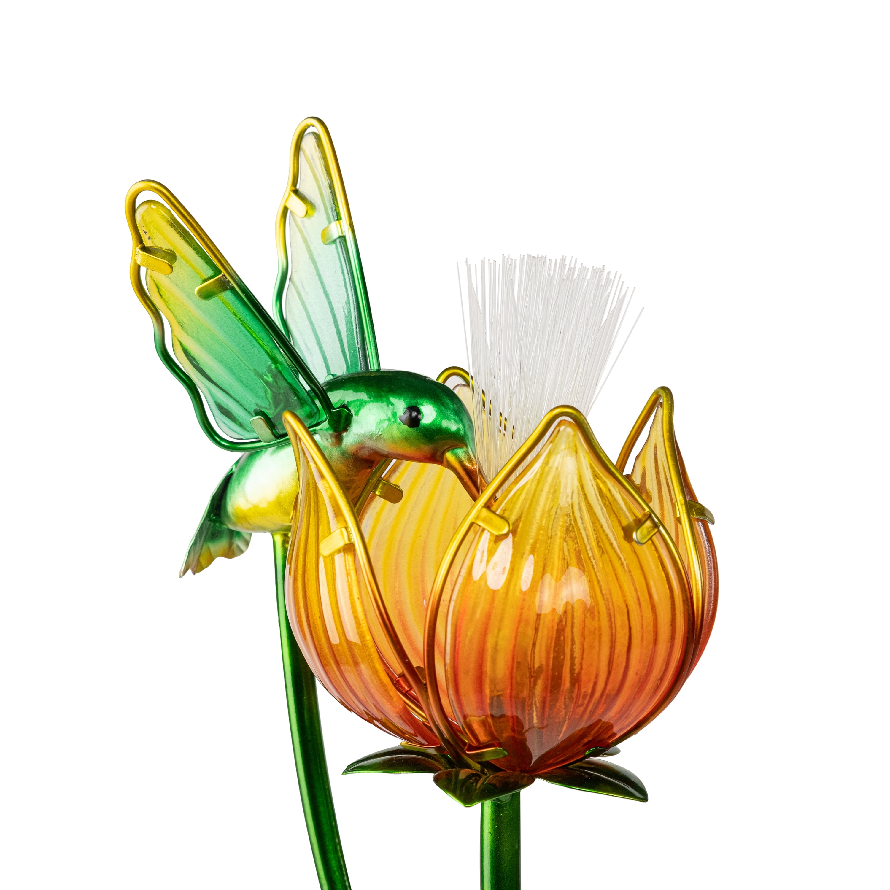 Better Homes & Gardens Solar LED Flower With Hummingbird Glass & Metal Stake Light Outdoor Décor, 5.7"W x 6.5"D x 28.1"H, 1.1 lb weight
