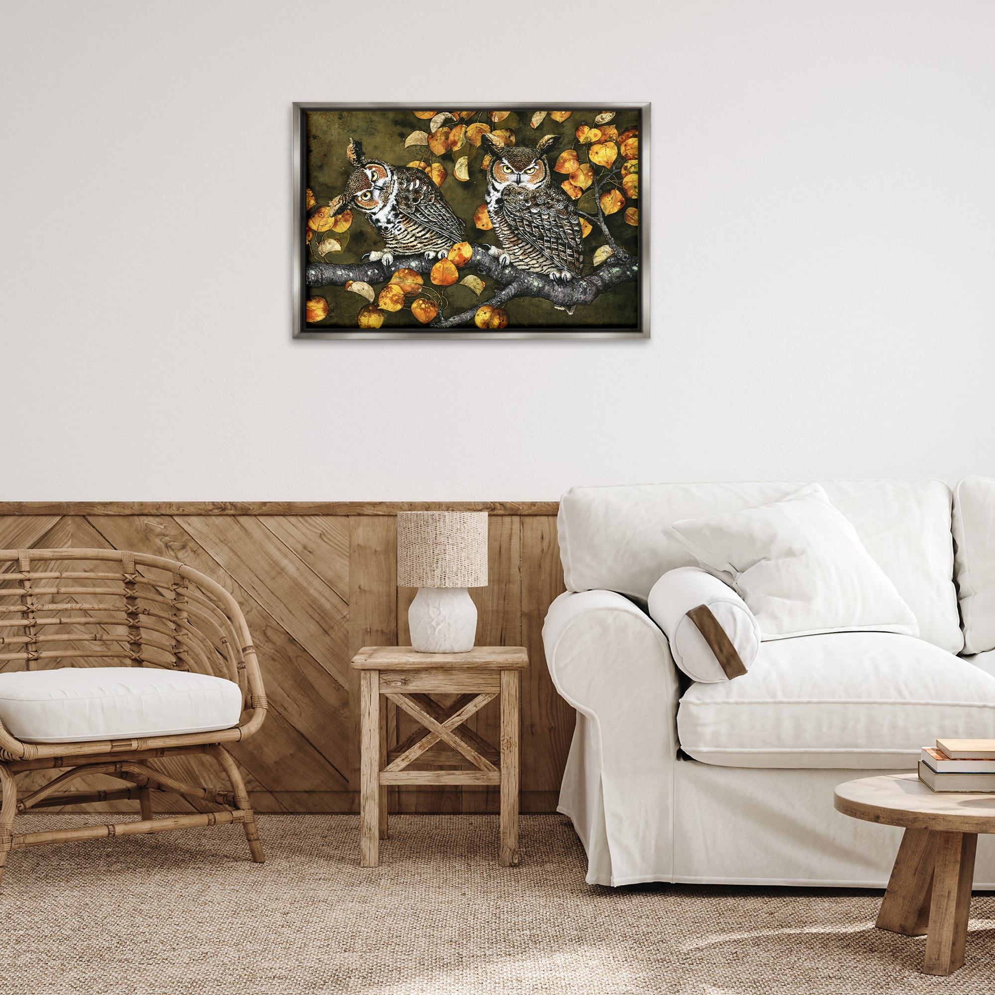 Stupell Industries Inquisitor Owls Autumn Branch Animals & Insects Painting Gray Floater Framed Canvas Art Print Wall Art, 31 x 21