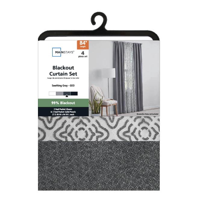 (2 pack) Mainstays Metallic Blackout Curtains and Sheers Set, 4 Panels, Soothing Gray, 27.5" W x 84” L