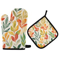Yayeee Oven Mitts and Pot Holder Set of 2 Heat Resistant Kitchen Gloves Baking Hot Pad, Orange Autumn Leaves