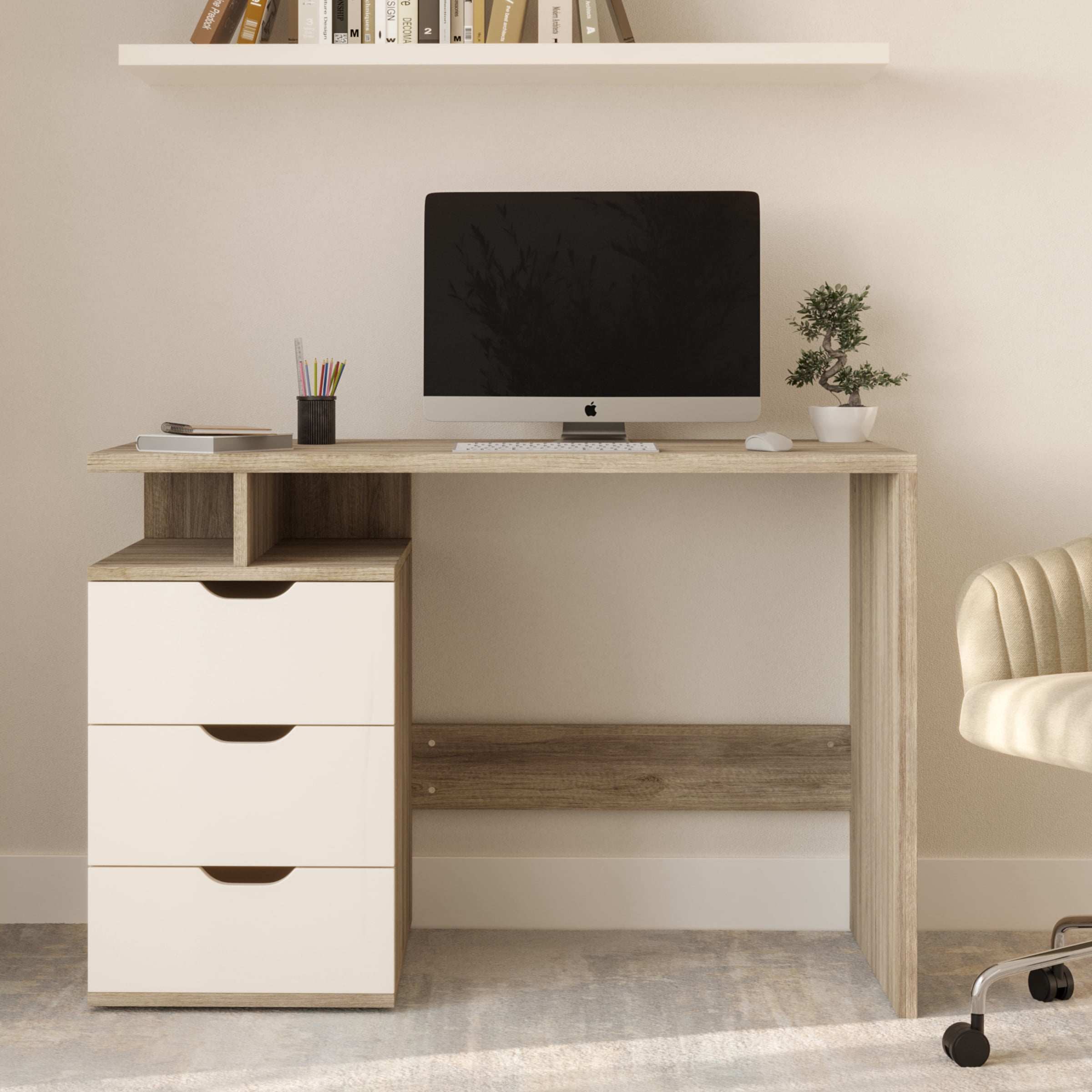 Lavish Home Computer Desk with Attached 3-Drawer File Cabinet (White)