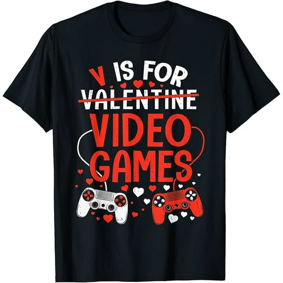 V is for Video Games Funny Valentines Gamer Mens Boys Kids T-Shirt