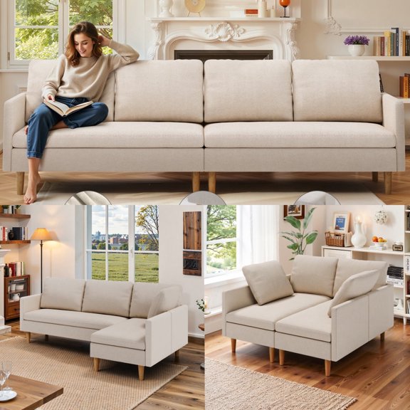 Convertible Sofa Bed, L Shaped Sectional Couch with Removable Armrest for Office, Living Room, Linen Fabric,Beige