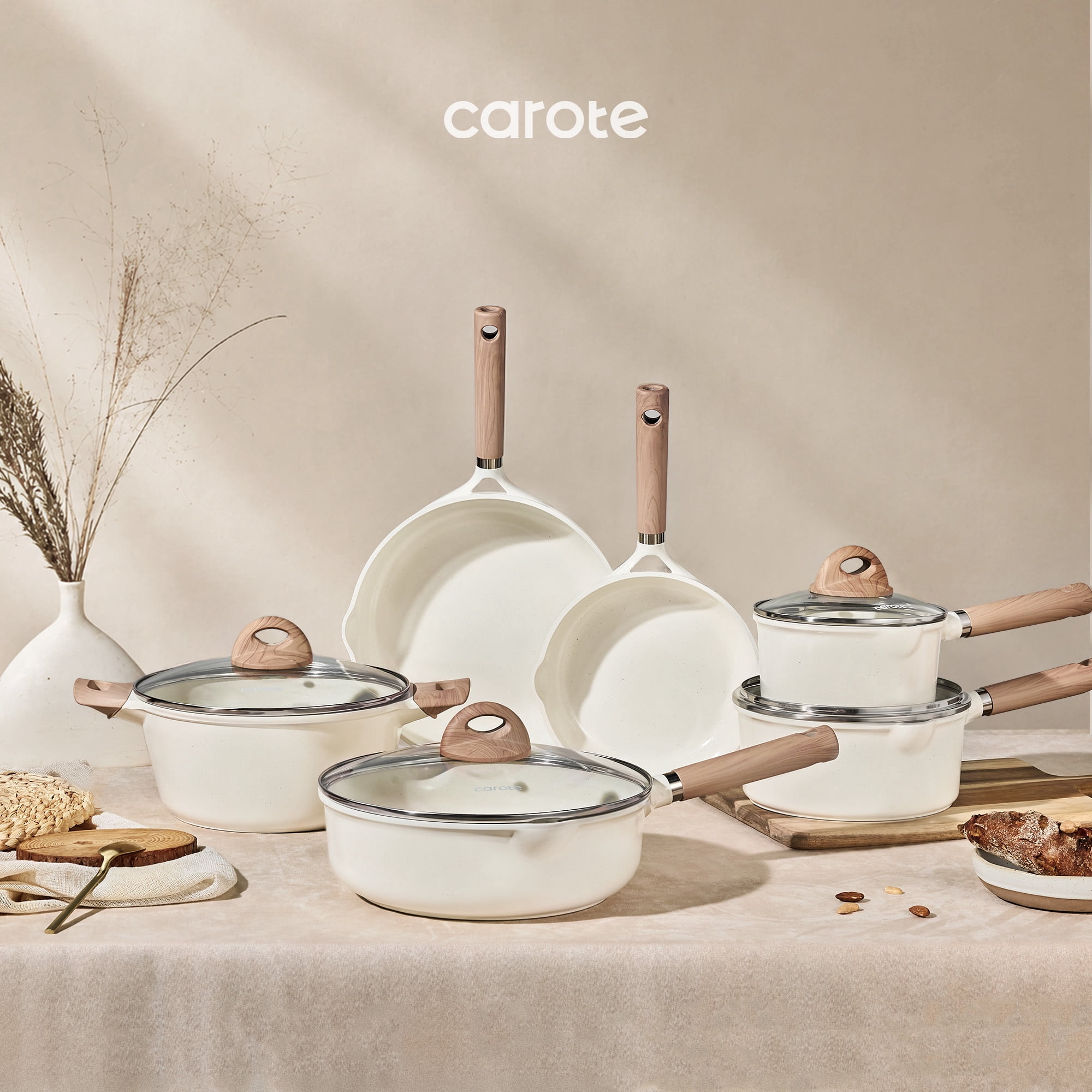 Carote Ceramic Nonstick Pots and Pans Set, 13 Pieces Kitchen Cookware Sets Compatible for All Stoves, White Granite