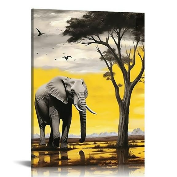 Acheng  - Elephant Canvas Wall Art African Animal Paintings Prints for Home Living Room Decor Large Picture Artwork 12x16 in