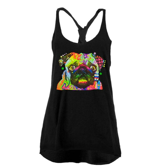 Pug Neon Black Light Juniors Twist Tank Top Black LG