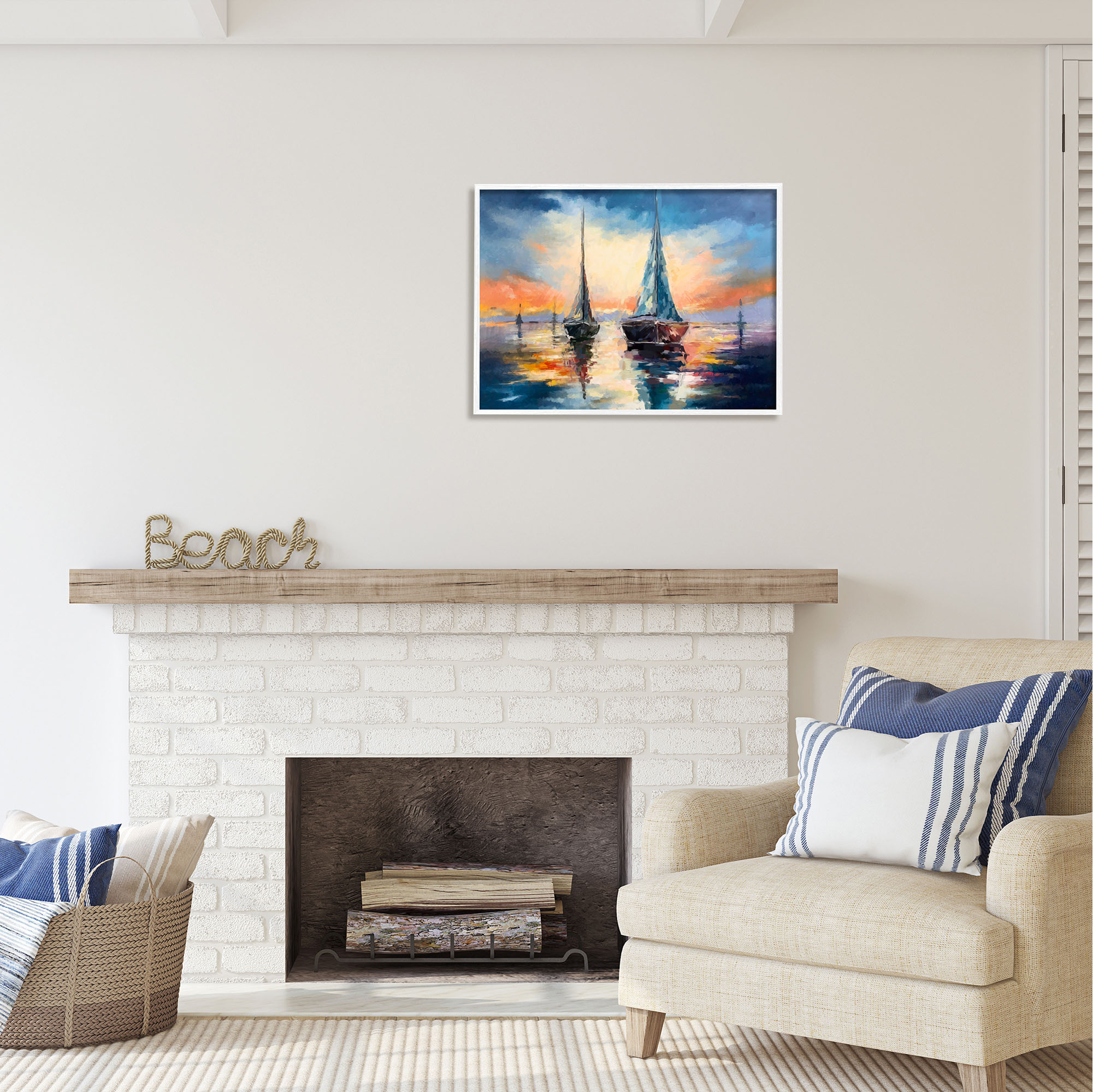 Stupell Industries Sailboats and Ocean Sunset Transportation Painting White Framed Art Print Wall Art, 30 x 24