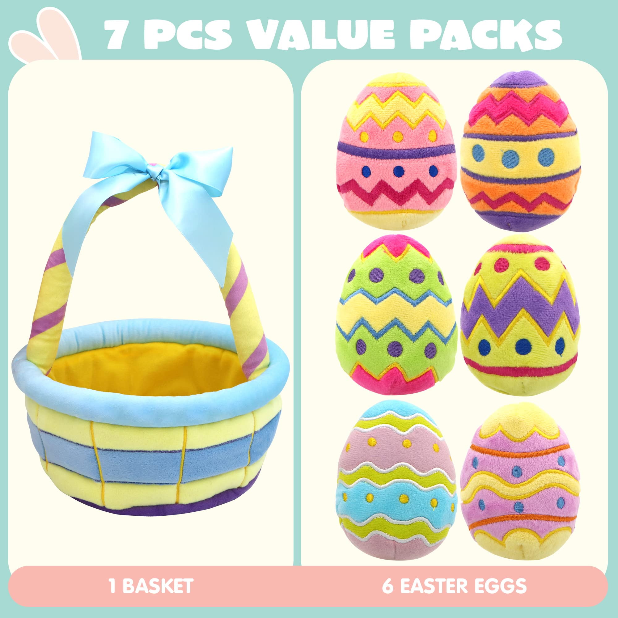 Joyfy 7 Pcs Easter Basket,Easter Basket Stuffers for Baby Toddlers Easter Egg Hunt,Easter Basket Fillers Soft Plush Toys for Kids Birthday Gifts