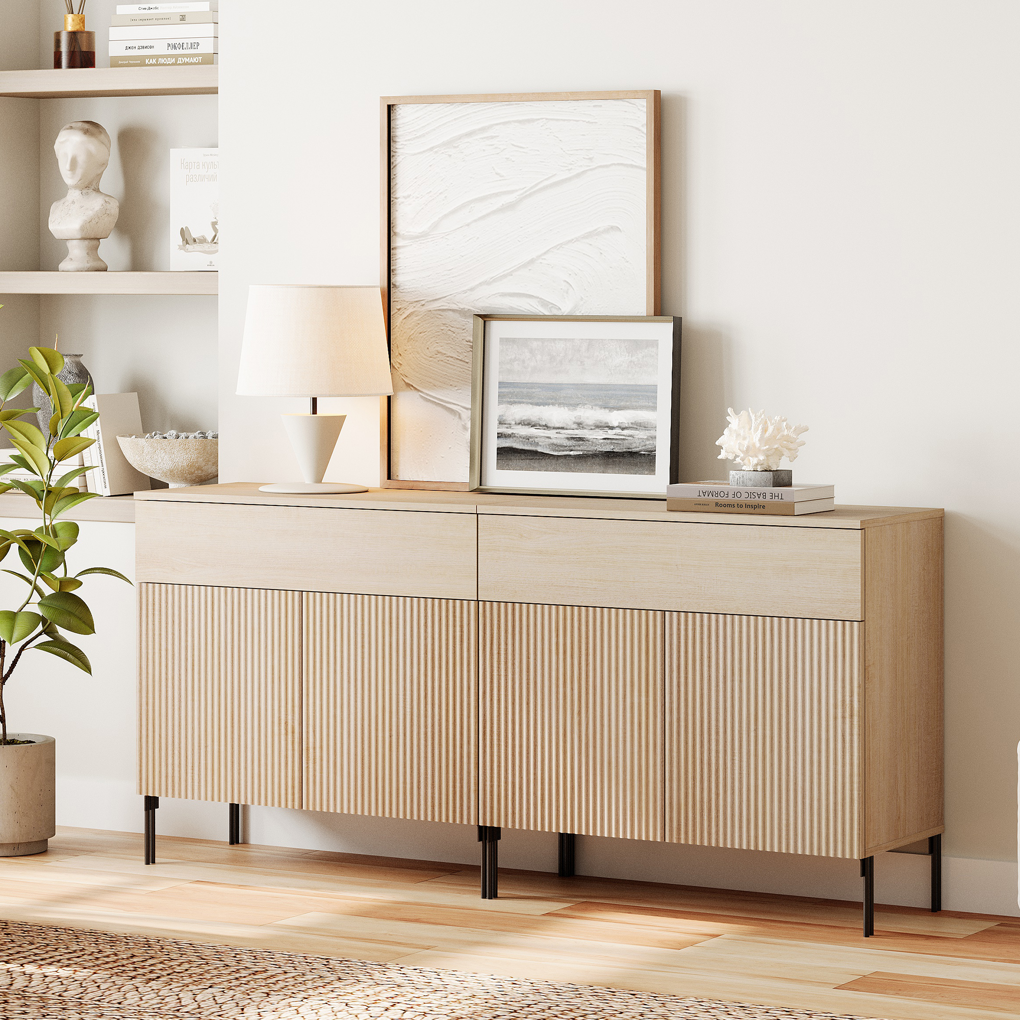 63" Reeded Accent Cabinet Set with 4 Doors and Drawers, Modern Credenza Storage Cabinet with Metal Legs for Living Room, Kitchen, Dining Room, Hallway