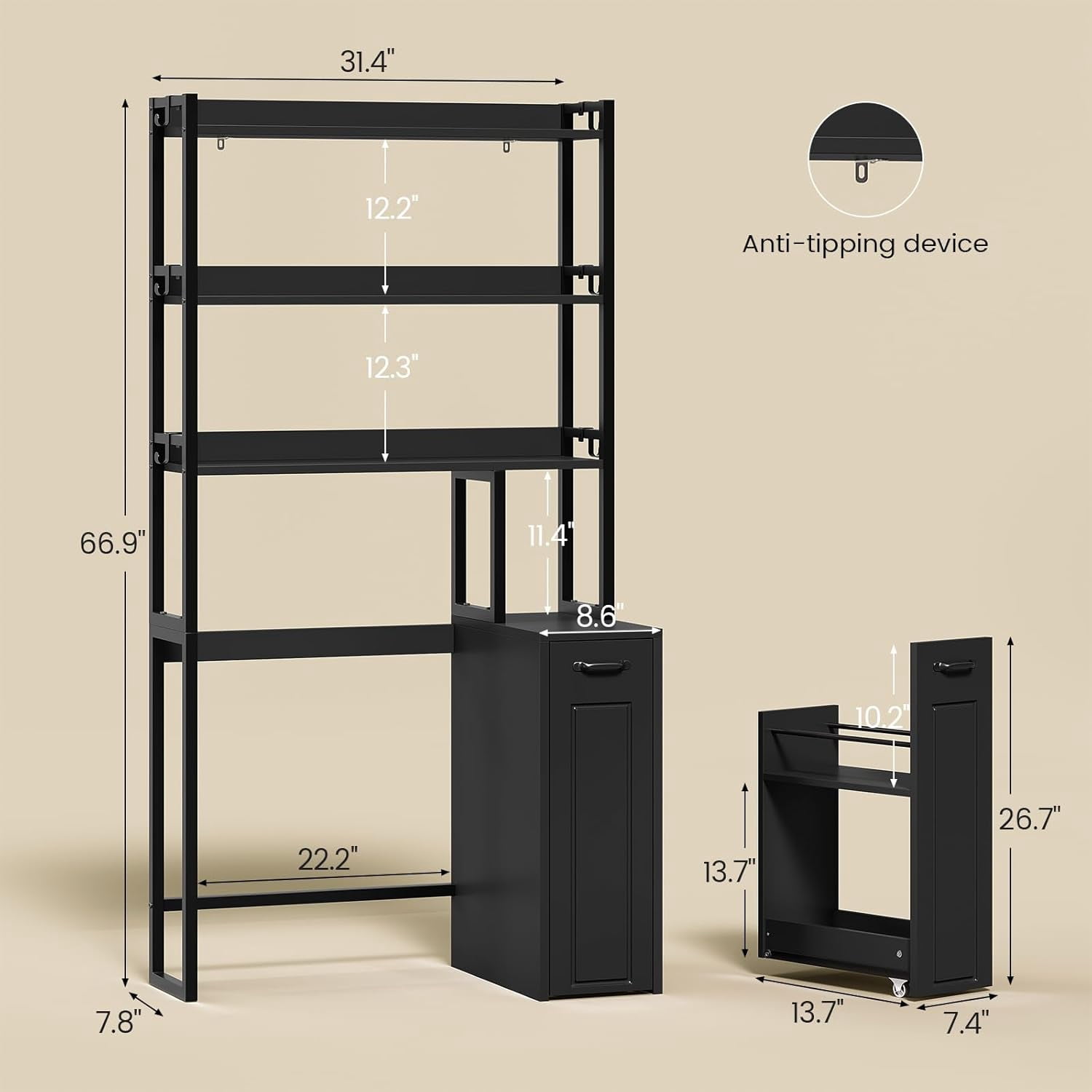Weiplehoom Over the Toilet Storage Cabinet with Wheeled Drawer Trolley & 3-tier Open Shelves, Bathroom Organizer with 6 Hooks, Storage Rack for Restroom, Bathroom, Laundry, Plant Stand, Black