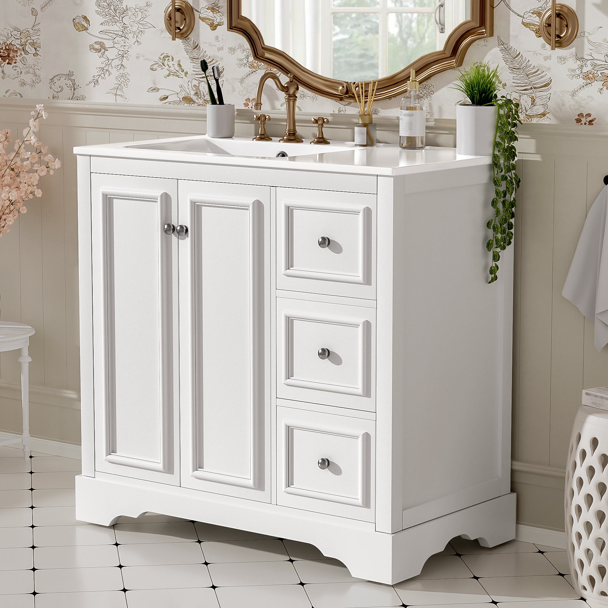 Euroco 36'' transitional bathroom vanity with ceramic sink – features 2 soft-close doors, an adjustable U-shaped shelf, 3 drawers (including one with divider), painted finish, and ample storage space