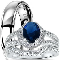 LaRaso & Co His Hers Trio Wedding Ring Set Blue Sapphire Engagement Band Men Women