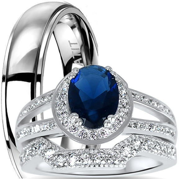 LaRaso & Co His Hers Trio Wedding Ring Set Blue Sapphire Engagement Band Men Women