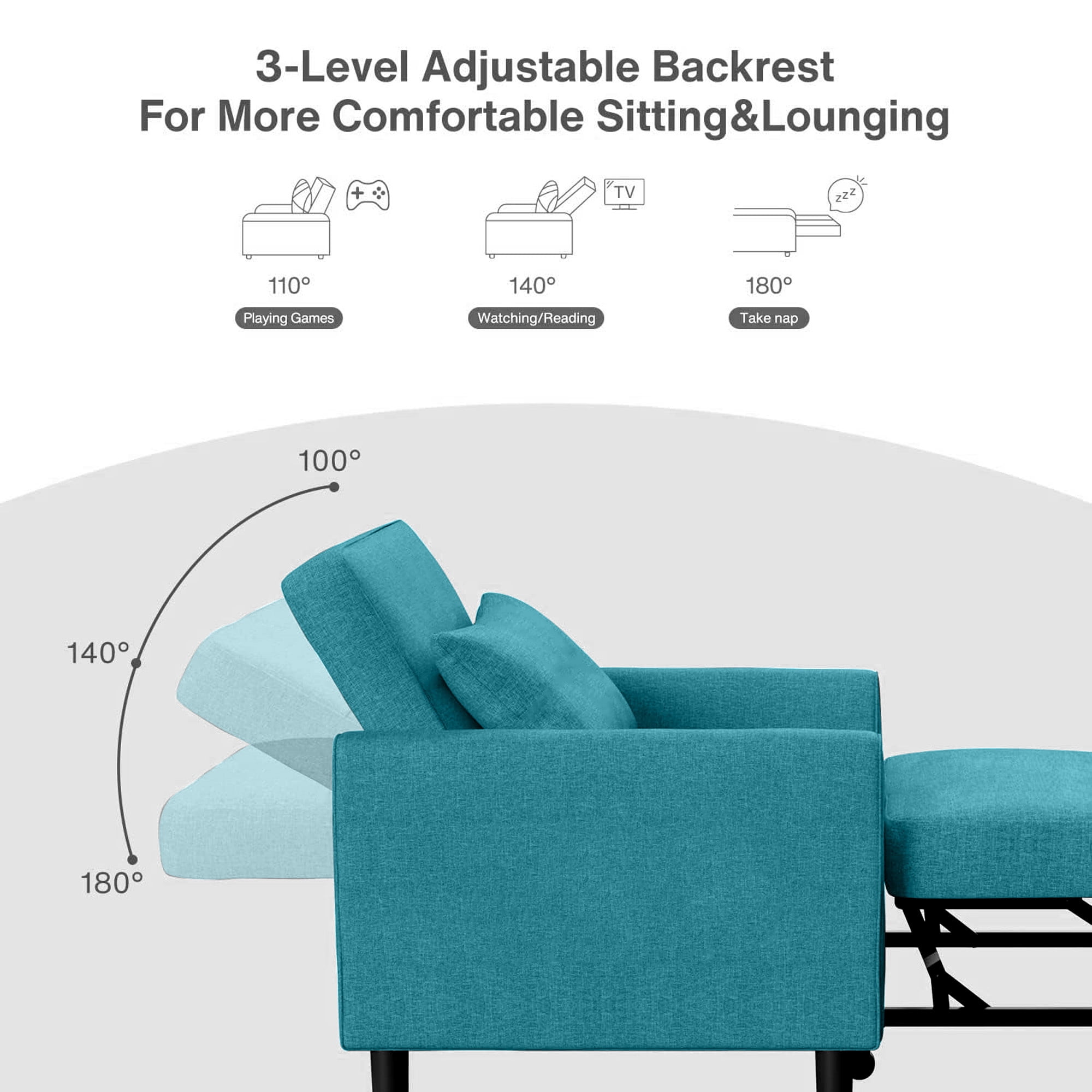 Aukfa 75" Convertible Chaise Futon Pull Out Sofa Chair Bed, Adjustable Backrest, Linen, Blue