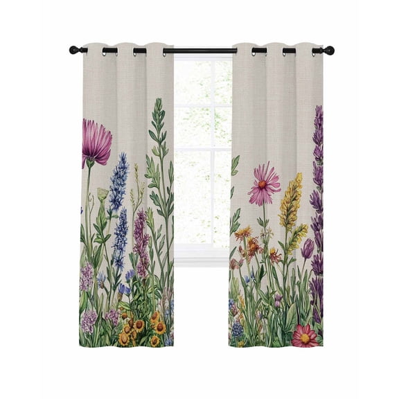 Spring Wildflowers Blackout Curtains for Bedroom Living Room, Colored Flowers Linen Texture 63 In Long Thermal Insulated Room Darkening Drapes Grommet Window Treatments, 42 x 63 In