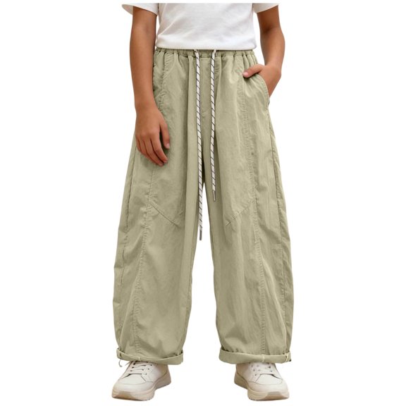 Qingpeng Girls Wide Leg Pants High Waist Drawstring Striped Cuffs Lightweight Wrinkled School Outdoor Casual Spring Summer Long Pants for Kids