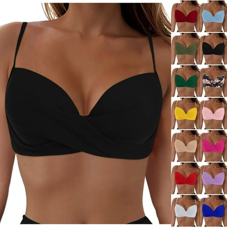 adviicd Womens V Neck Bikini Tops Bathing Suit Wide Straps Swim Bra Padded Swimsuit Push up Swimsuits for Women (Black M)