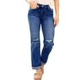 thumbnail image 2 of Women'S Boyfriend Straight-Leg Mid-Rise Cropped Jeans Fashionable Stretch Ripped Denim Pants Dark Blue S, 2 of 8