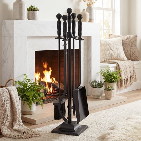 ELLEGNT Square Stand Fireplace Tool Set – 5 Pieces with Poker, Tongs, Brush and Shovel Black