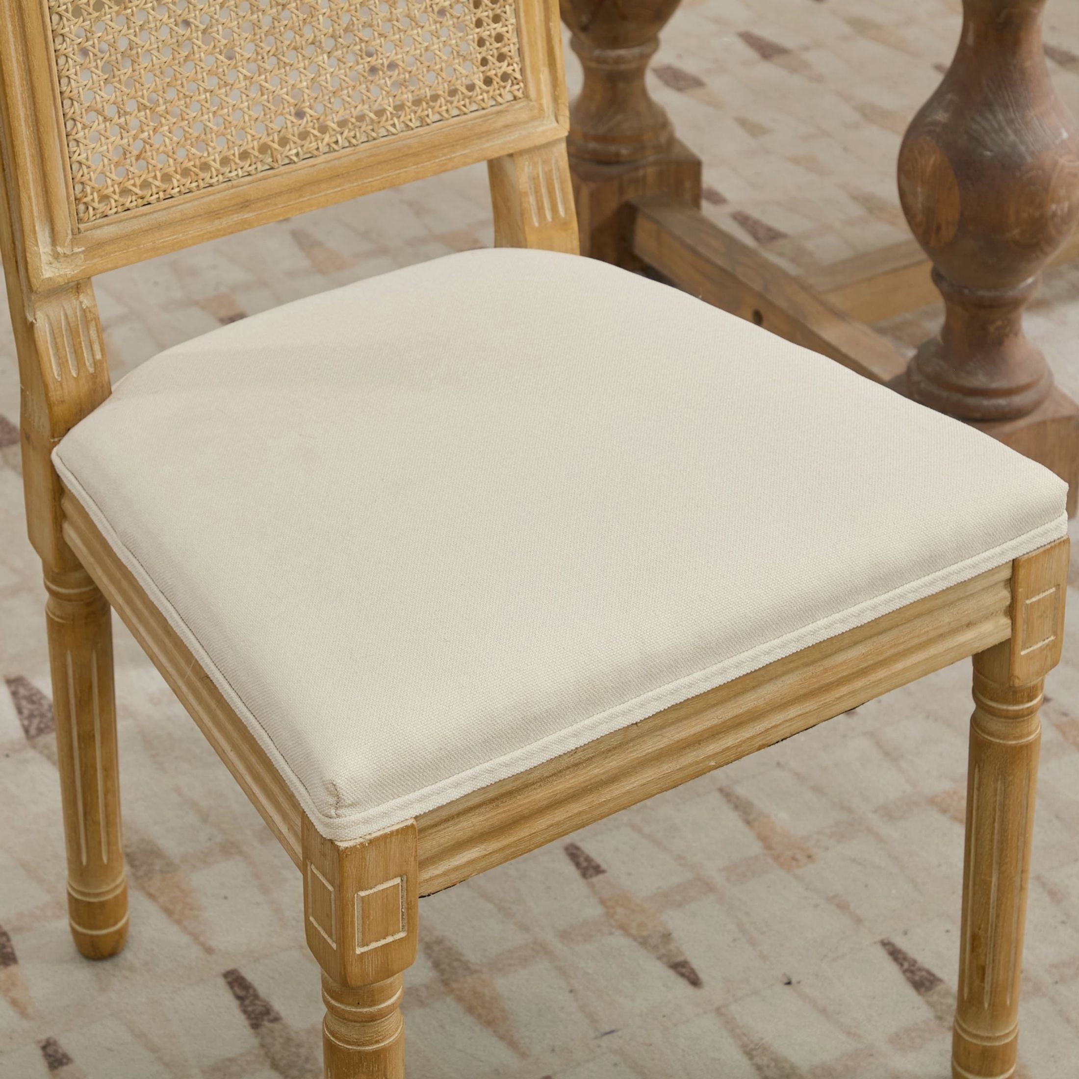 Noble House Set of 2 French Decor Dining Chairs, Rattan Backrest, Linen Fabric Seat, Beige