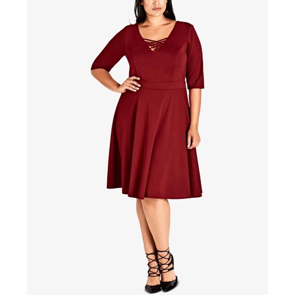 City Chic Women’s Trendy Plus Cross-Neck Skater Dress, Red, 16W