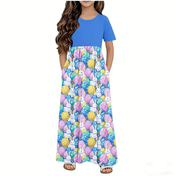 Vestido de manga corta con cuello redondo para niña, vestido de Pascua de manga corta para niña, vestido estampado con doble bolsillo para niña, falda larga informal, vestido de poliéster para niña