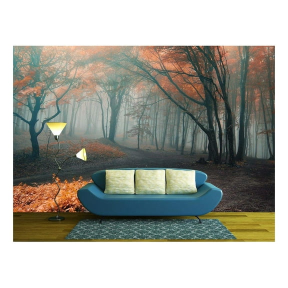 wall26 - Trees with Red Leafs in a Mysterious Fantasy Forest with Fog - Removable Wall Mural | Self-Adhesive Large Wallpaper - 66x96 inches