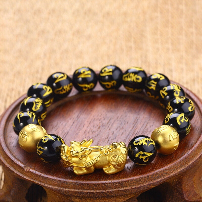 Dragon Lucky Beads Bracelet 18K Gold Dragon Pixiu Piyao Lucky Charm Beads Bracelet Gemstones  Labradorite 6mm