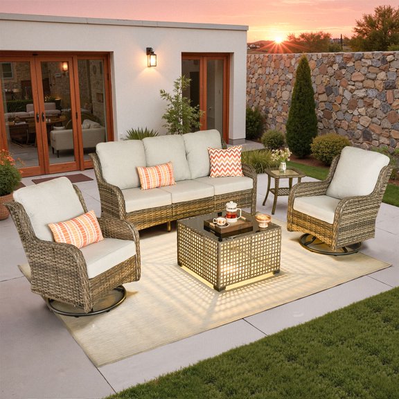 ODELIO 5‑Piece All‑Weather Wicker Patio Furniture Set, Outdoor Conversation Set with High‑Back 360° Swivel Rocking Chairs & Auto‑Solar Light Coffee Table, Grey