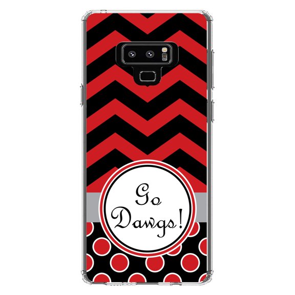 DistinctInk Clear Shockproof Hybrid Case for Samsung Galaxy Note 9 - TPU Bumper, Acrylic Back, Tempered Glass Screen Protector - Red Black Go Dawgs