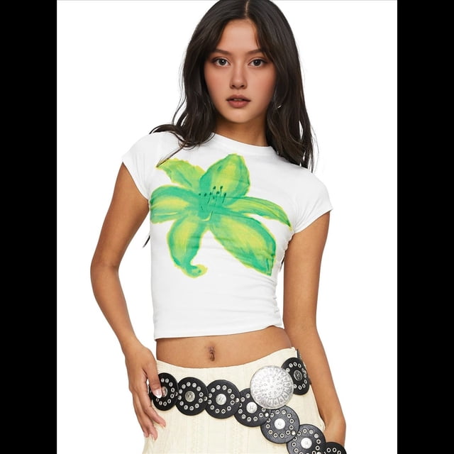 Camiseta de Corta para con Estampado Floral Y2K para Mujer, Top Corto Ajustado con Cuello Redondo. S