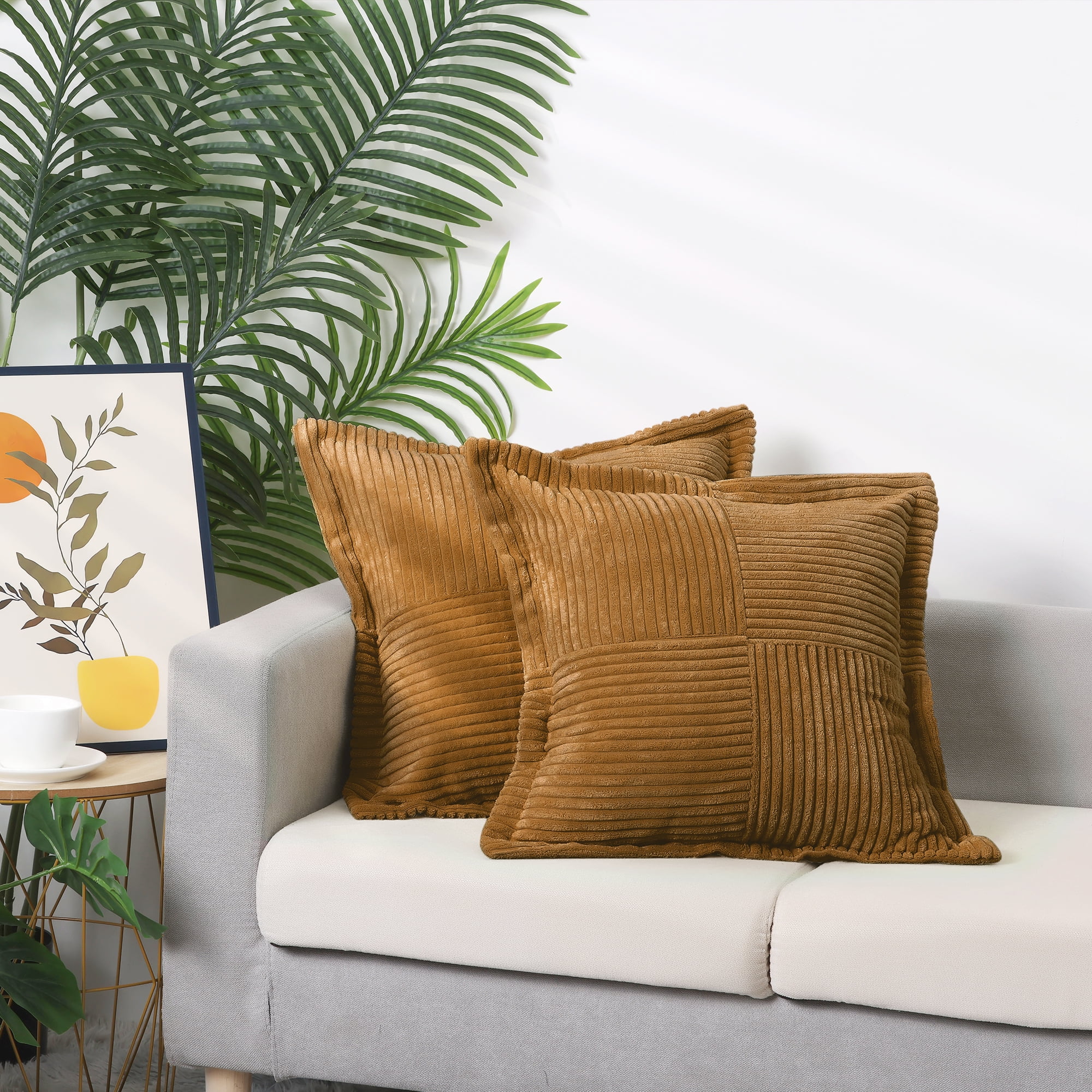 Unique Bargains 4 Pcs Solid Corduroy Throw Pillow Covers Wide Bordered Pillowcase Brown 18" x 18"
