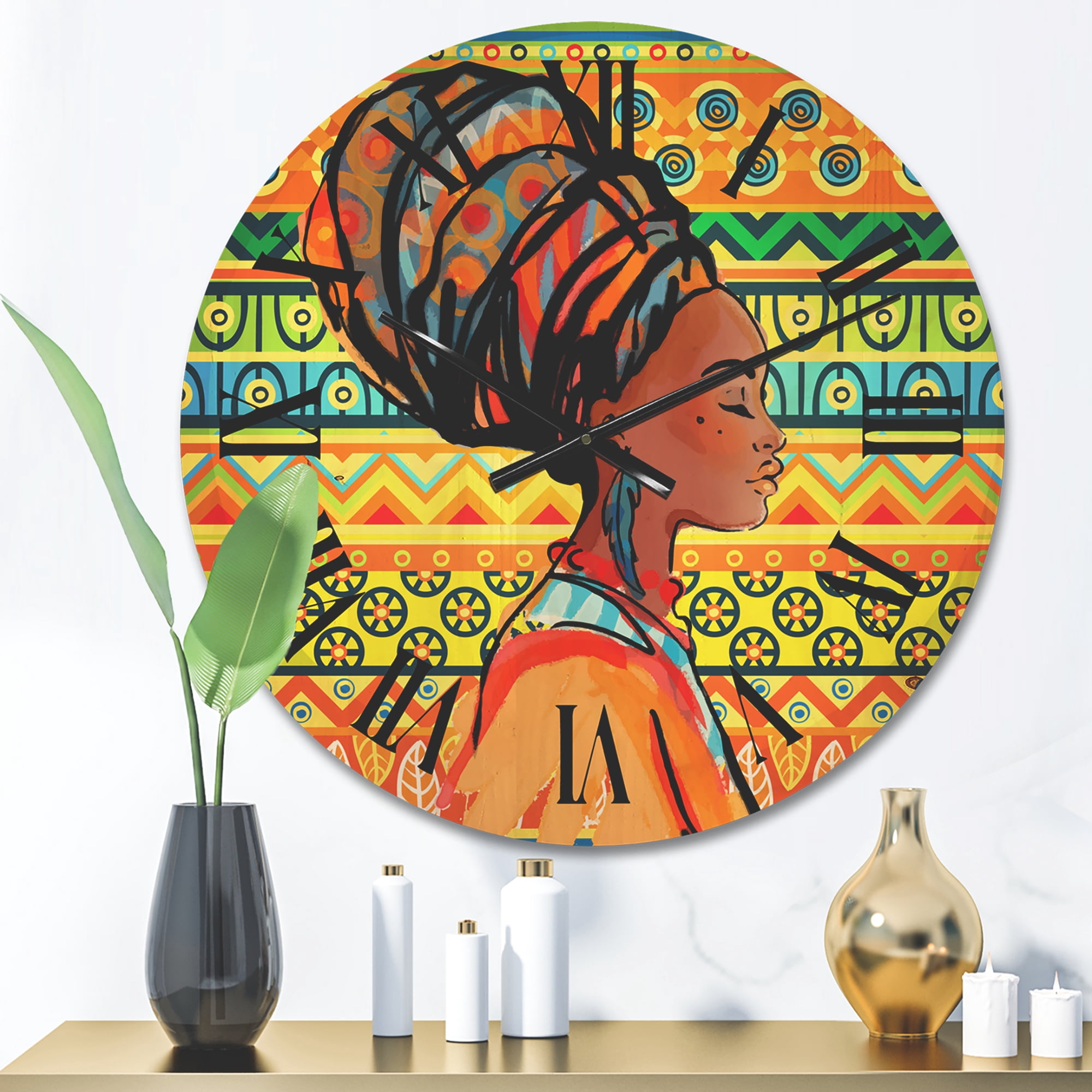 Designart 'African American Woman Portrait with Turban III' Modern Wood Wall Clock