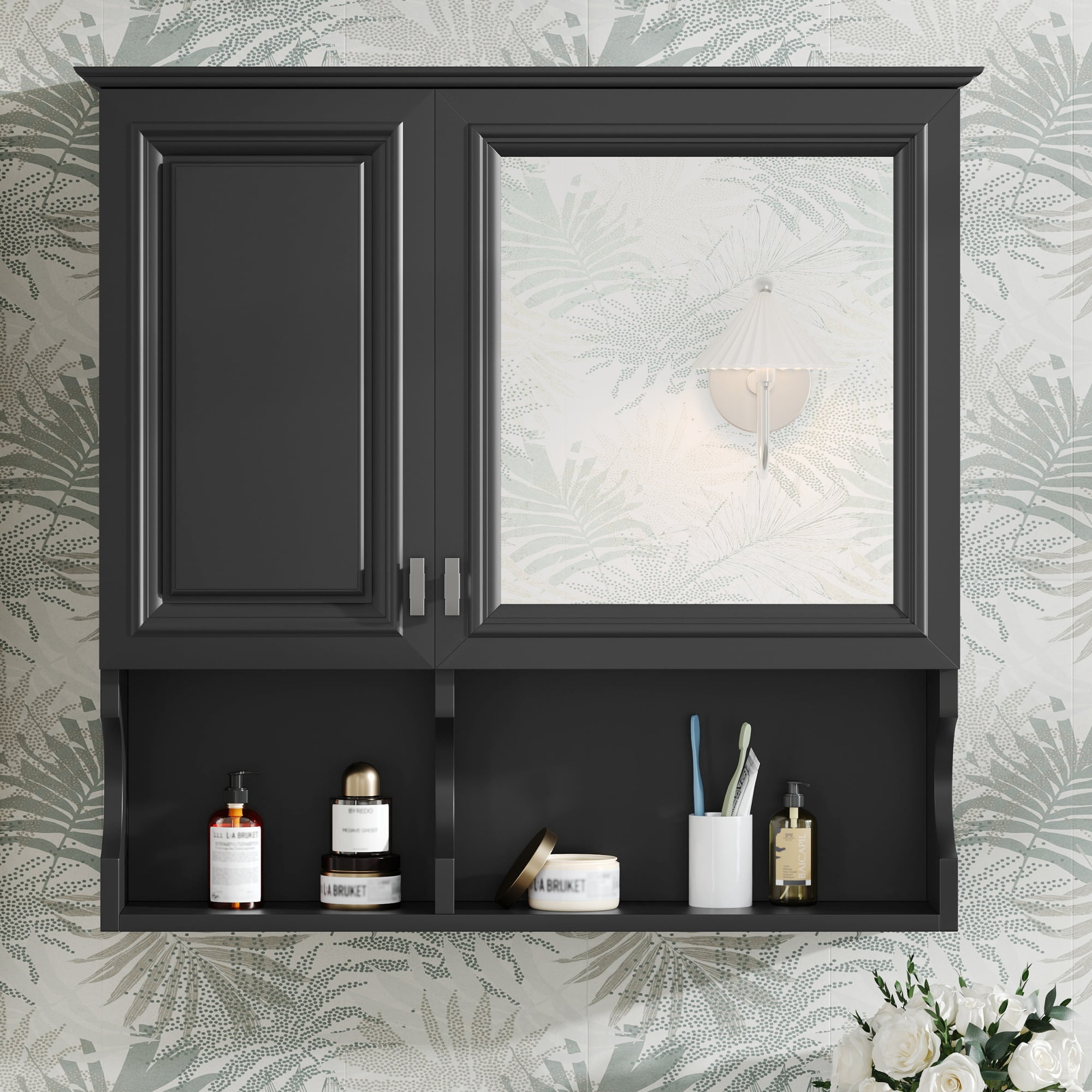 Euroco 30 Inch Mirror Medicine Cabinet with Open Shelves, Wall Mounted Home Storage with Doors & Mirror, Adjustable Shelf, Bathroom Storage Cabinet over Toilet