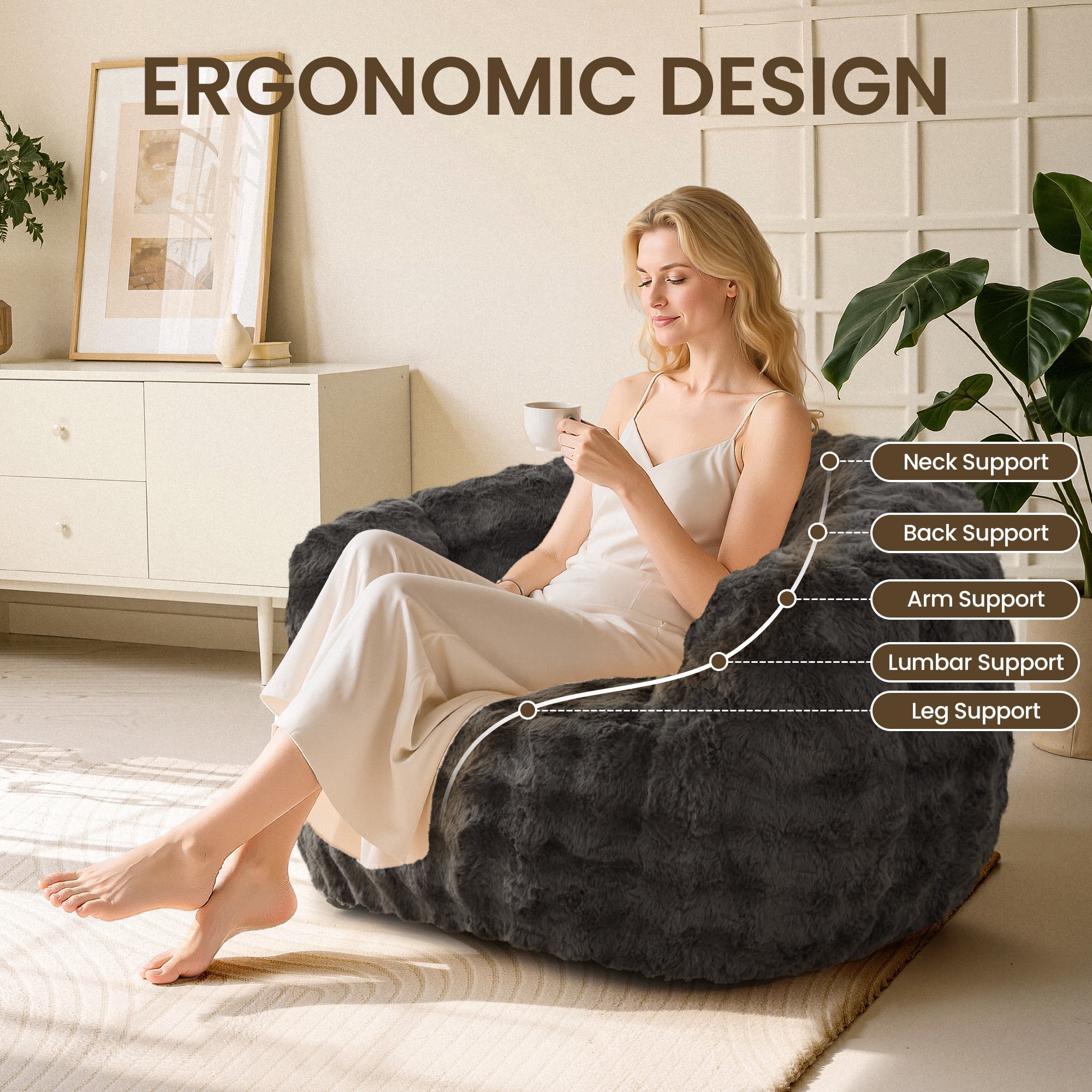 SERWALL Giant Bean Bag Chair, Oversized 3.6 FT Beanbag Chair, No Assembly Lazy Sofa Chair with Premium Memory Foam Filler and Chair Cover for Living Room, Bedroom, Dorm