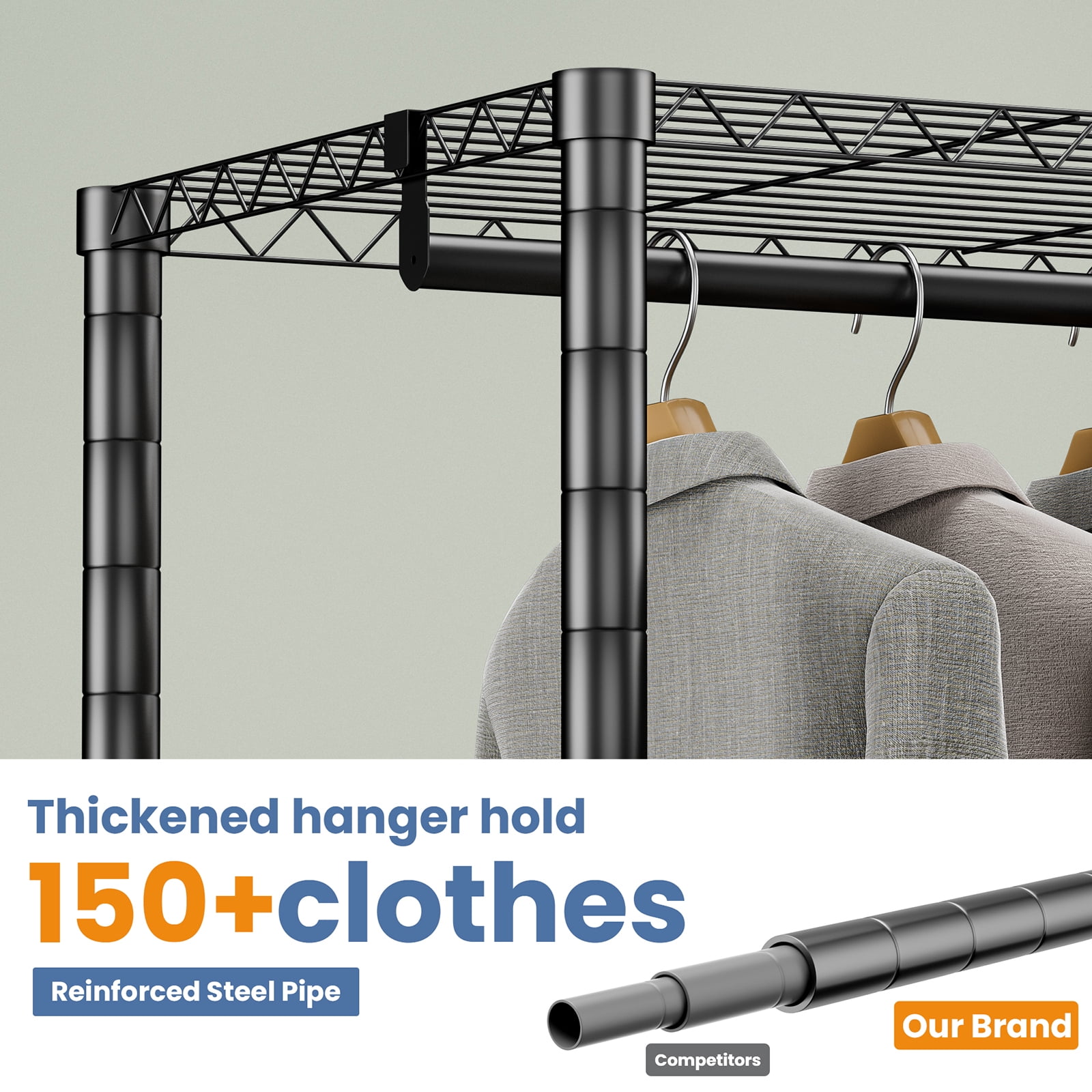 Baokaler Portable Closet Wardrobe 800LBS Heavy Duty Wire Garment Rack with Gray Fabric Cover, Metal Clothes Rack Freestanding Closet Organizer Portable Adjustable Wardrobe for Bedroom, Black