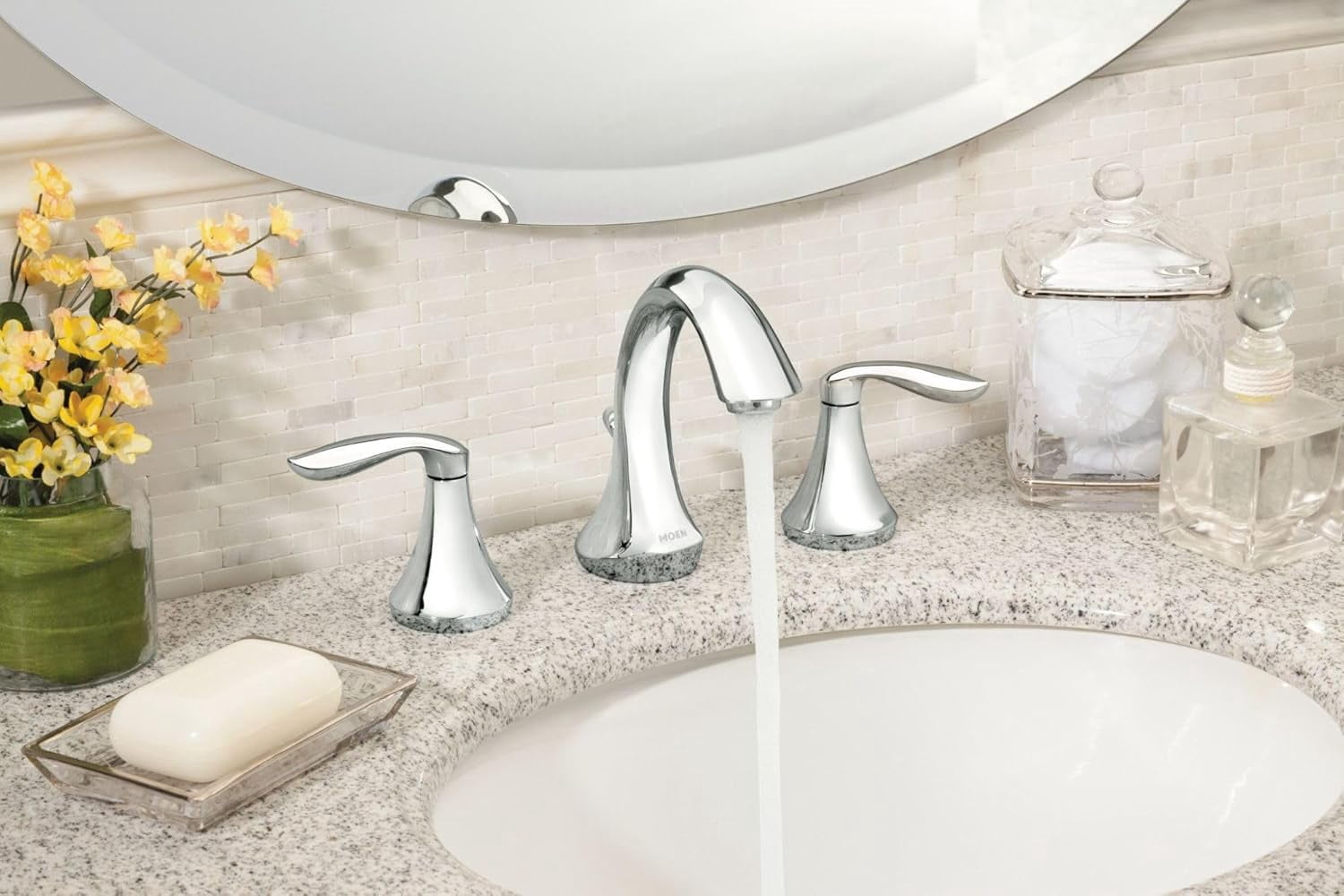 Moen TV6420 Eva Chrome Two-Handle High Arc Widespread Bathroom Sink Faucet for 3-Hole Setups with Valve Included