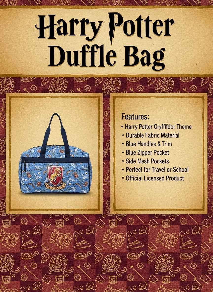 Harry Potter Gryffindor Kids Duffle Bag 16.5"  Travel & Sports Bag with Zipper Pocket, Mesh Sides & Strap
