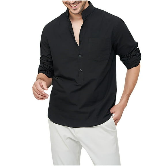 WREESH Men's Summer Casual Solid Turndown Pullover Long Sleeve Button Down Shirts Black