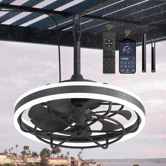 Lokivas 20" Black Waterproof Outdoor Ceiling Fan with Light, Quiet 6 Speeds, App and Remote, IP65 Plug-in with Hanging Hook, Dimmable for Patio Gazebo